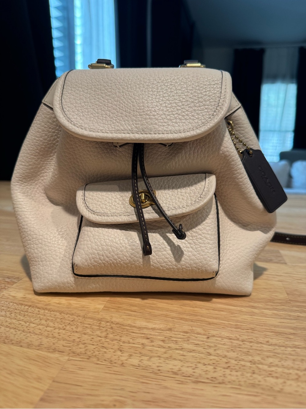 Coach Chalk Pebble Leather Mini Backpack with Black Trim